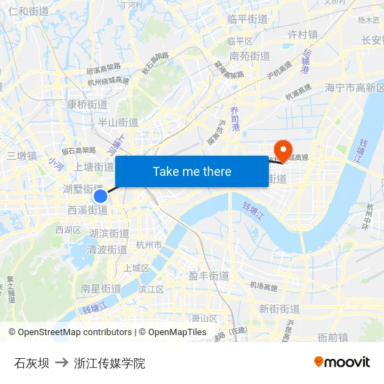 石灰坝 to 浙江传媒学院 map