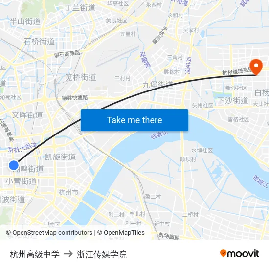 杭州高级中学 to 浙江传媒学院 map