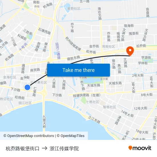 杭乔路银堡街口 to 浙江传媒学院 map