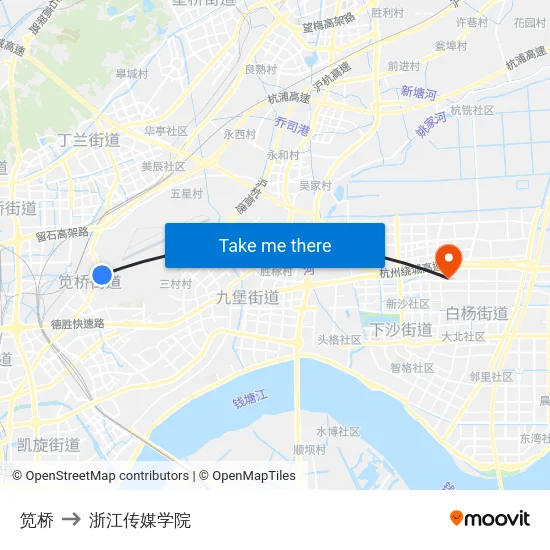笕桥 to 浙江传媒学院 map