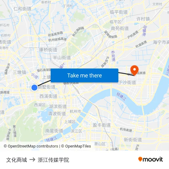 文化商城 to 浙江传媒学院 map