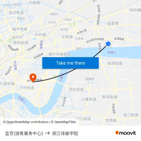 盐官(游客服务中心) to 浙江传媒学院 map