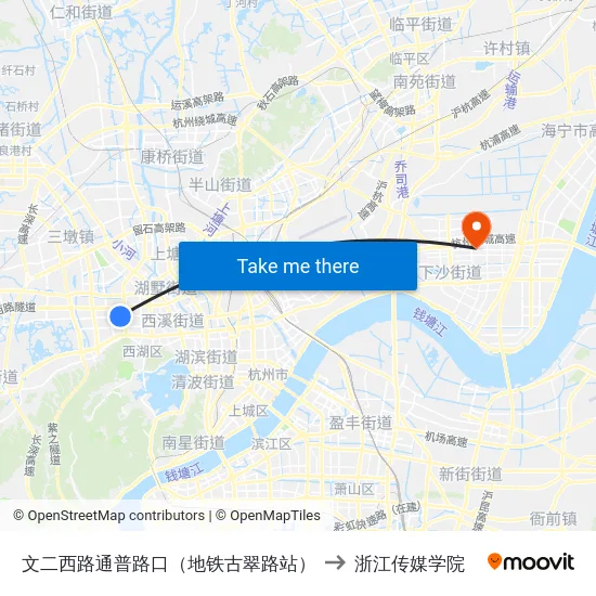 文二西路通普路口（地铁古翠路站） to 浙江传媒学院 map