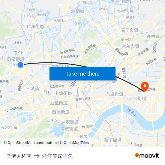 良渚大桥南 to 浙江传媒学院 map
