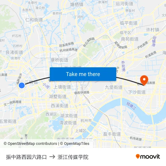 振中路西园六路口 to 浙江传媒学院 map