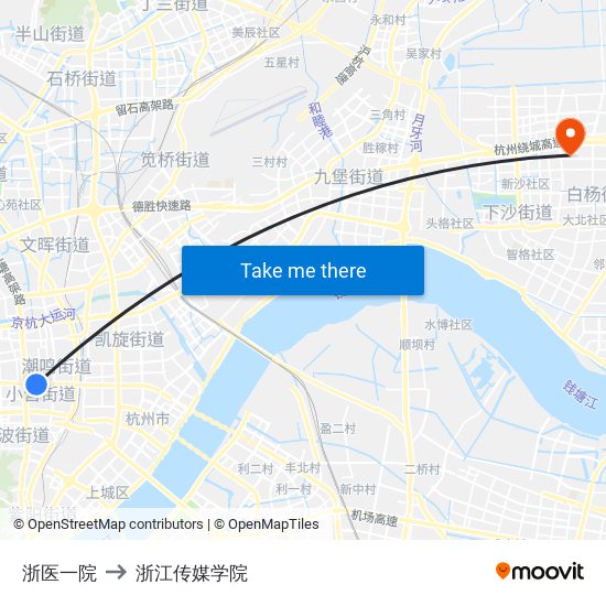 浙医一院 to 浙江传媒学院 map