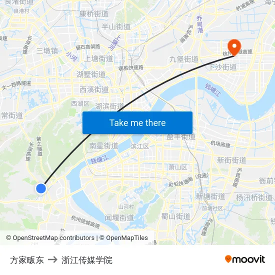 方家畈东 to 浙江传媒学院 map