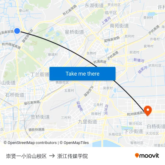 崇贤一小沿山校区 to 浙江传媒学院 map