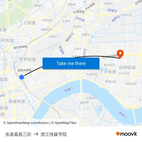 东港嘉苑三区 to 浙江传媒学院 map