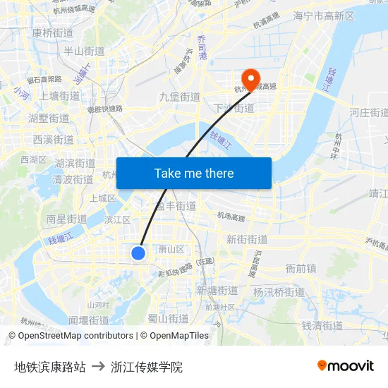 地铁滨康路站 to 浙江传媒学院 map