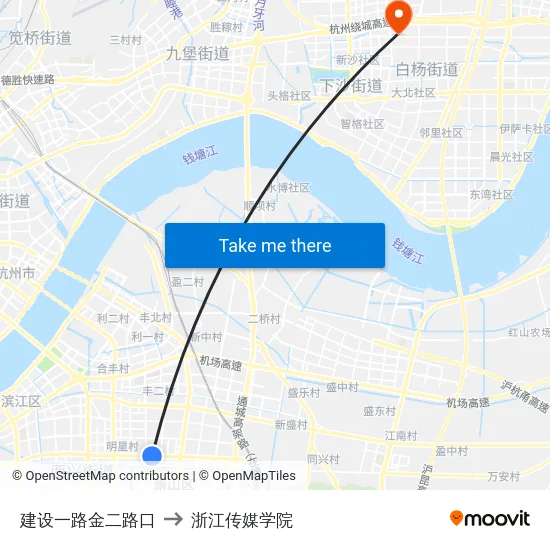 建设一路金二路口 to 浙江传媒学院 map