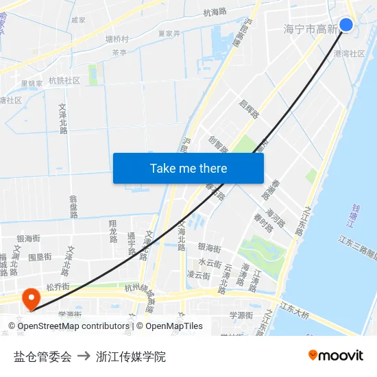 盐仓管委会 to 浙江传媒学院 map