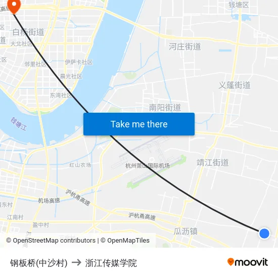 钢板桥(中沙村) to 浙江传媒学院 map