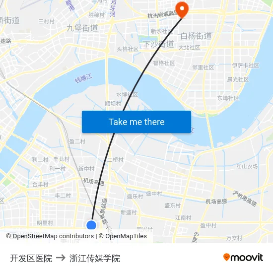 开发区医院 to 浙江传媒学院 map