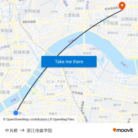 中兴桥 to 浙江传媒学院 map