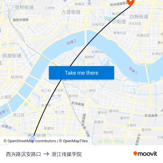 西兴路滨安路口 to 浙江传媒学院 map