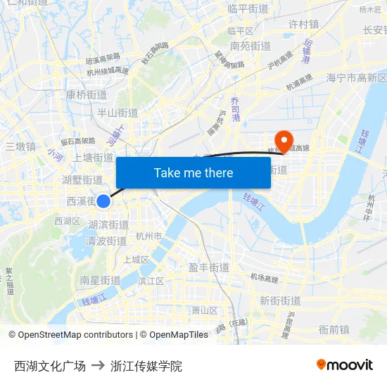 西湖文化广场 to 浙江传媒学院 map