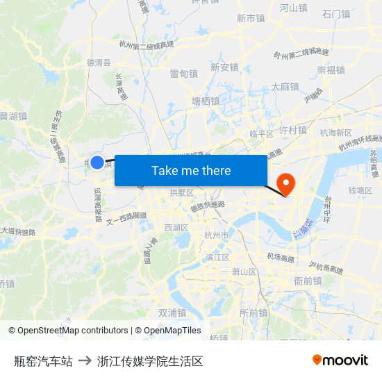 瓶窑汽车站 to 浙江传媒学院生活区 map
