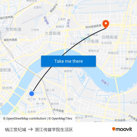 钱江世纪城 to 浙江传媒学院生活区 map