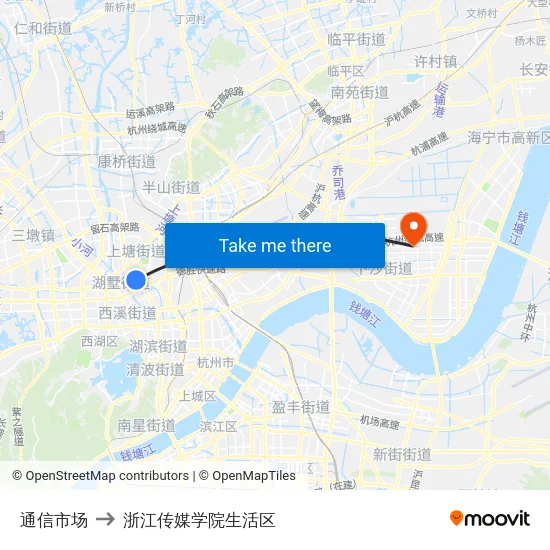 通信市场 to 浙江传媒学院生活区 map