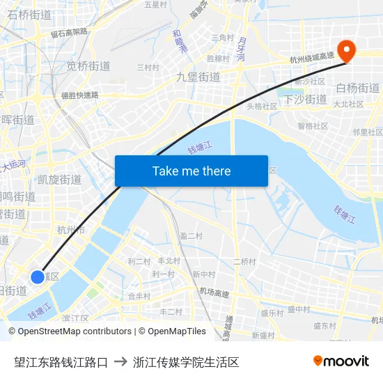 望江东路钱江路口 to 浙江传媒学院生活区 map