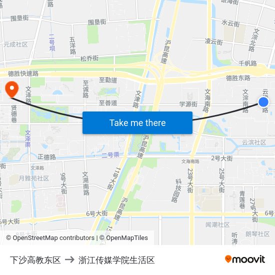 下沙高教东区 to 浙江传媒学院生活区 map