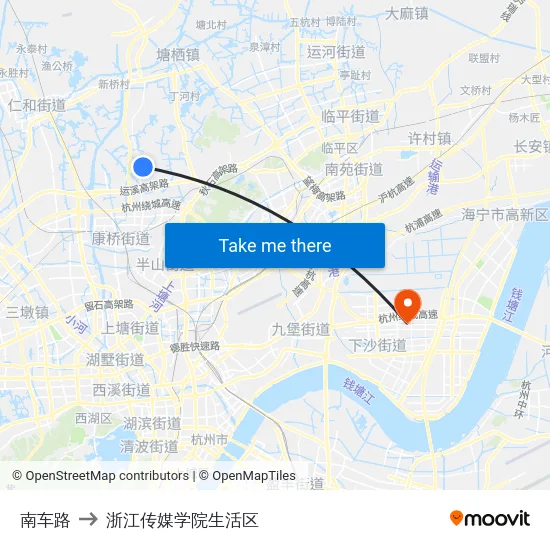 南车路 to 浙江传媒学院生活区 map