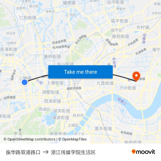 振华路双港路口 to 浙江传媒学院生活区 map