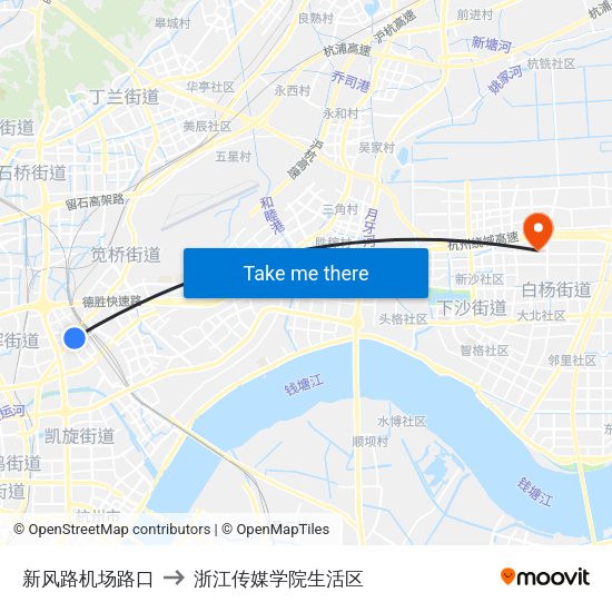 新风路机场路口 to 浙江传媒学院生活区 map