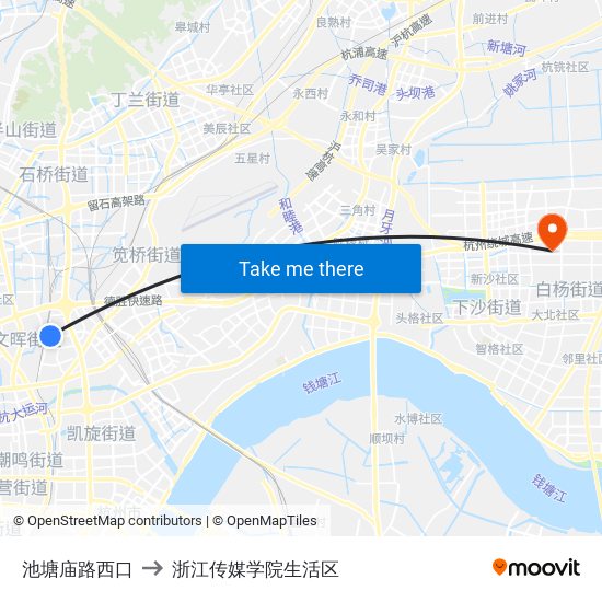 池塘庙路西口 to 浙江传媒学院生活区 map
