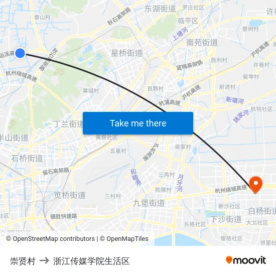 崇贤村 to 浙江传媒学院生活区 map