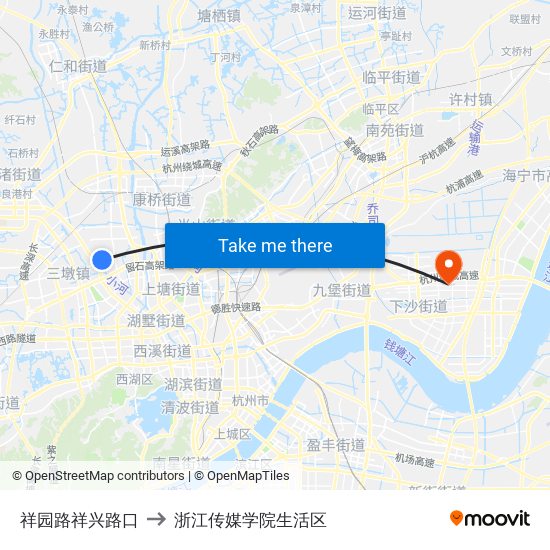 祥园路祥兴路口 to 浙江传媒学院生活区 map