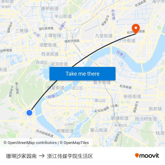 珊瑚沙家园南 to 浙江传媒学院生活区 map