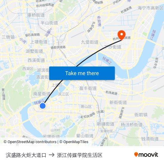 滨盛路火炬大道口 to 浙江传媒学院生活区 map
