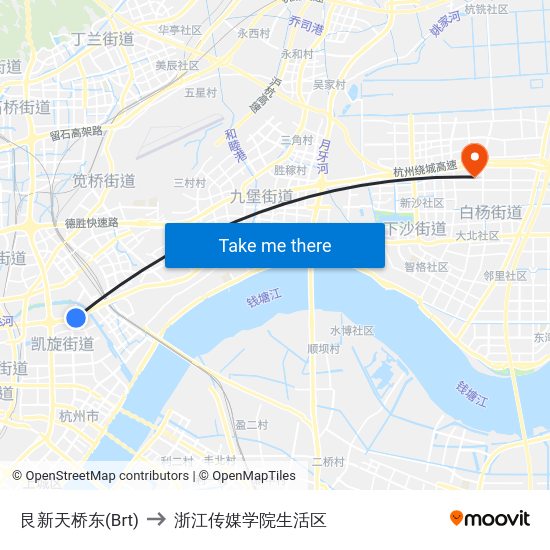 艮新天桥东(Brt) to 浙江传媒学院生活区 map