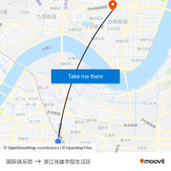 国际俱乐部 to 浙江传媒学院生活区 map