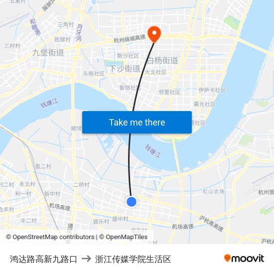鸿达路高新九路口 to 浙江传媒学院生活区 map