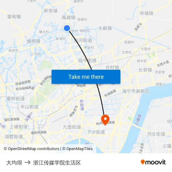 大均坝 to 浙江传媒学院生活区 map