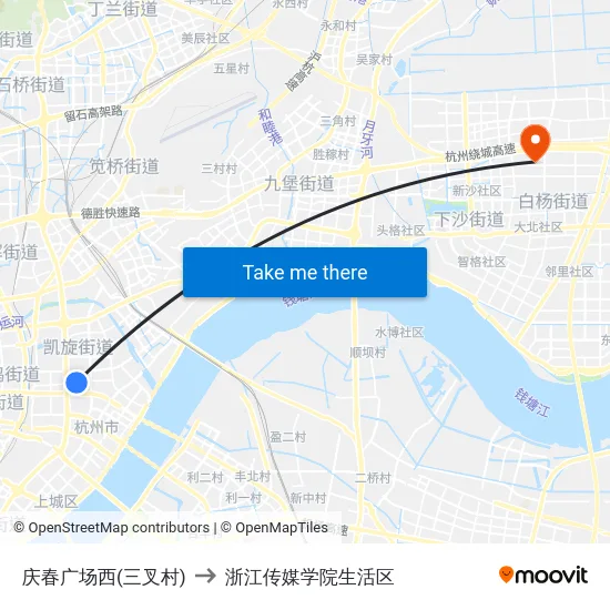 庆春广场西(三叉村) to 浙江传媒学院生活区 map