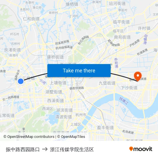 振中路西园路口 to 浙江传媒学院生活区 map
