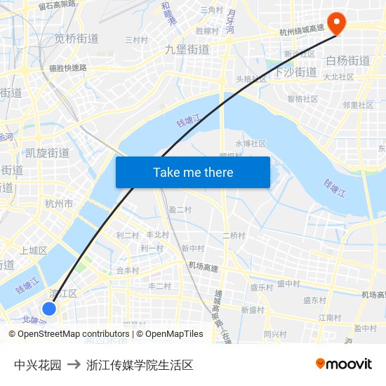 中兴花园 to 浙江传媒学院生活区 map
