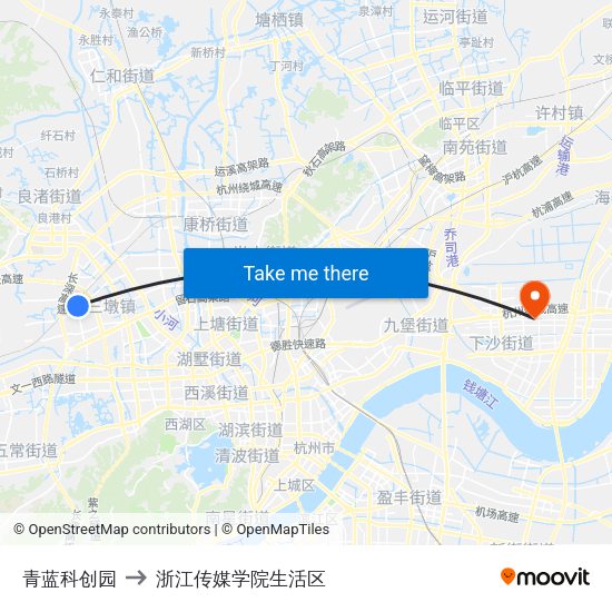 青蓝科创园 to 浙江传媒学院生活区 map