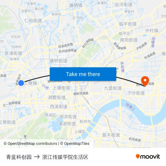 青蓝科创园 to 浙江传媒学院生活区 map