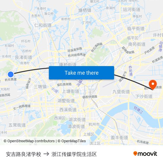 安吉路良渚学校 to 浙江传媒学院生活区 map