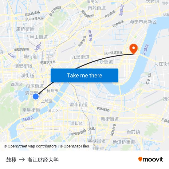 鼓楼 to 浙江财经大学 map