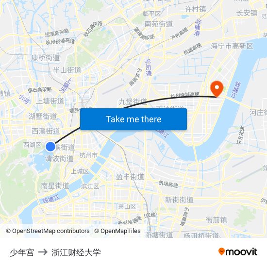 少年宫 to 浙江财经大学 map