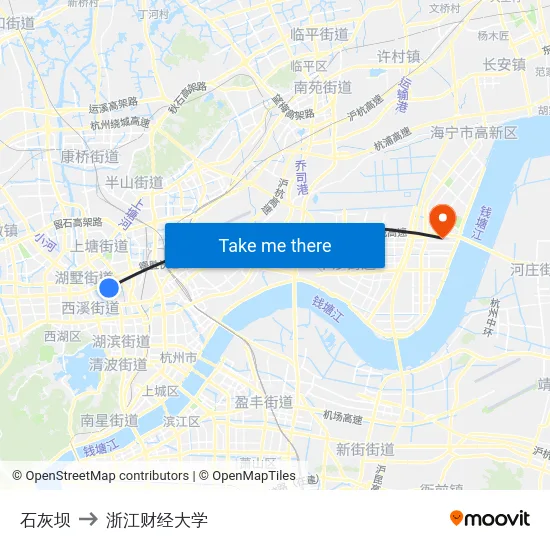 石灰坝 to 浙江财经大学 map