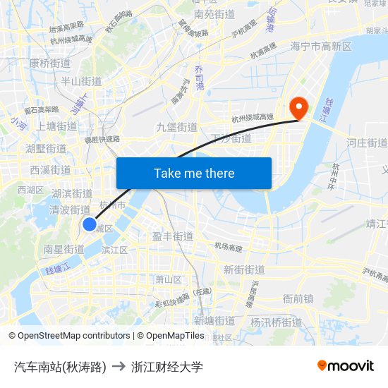 汽车南站(秋涛路) to 浙江财经大学 map