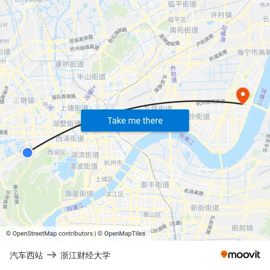 汽车西站 to 浙江财经大学 map