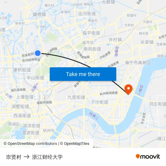 崇贤村 to 浙江财经大学 map